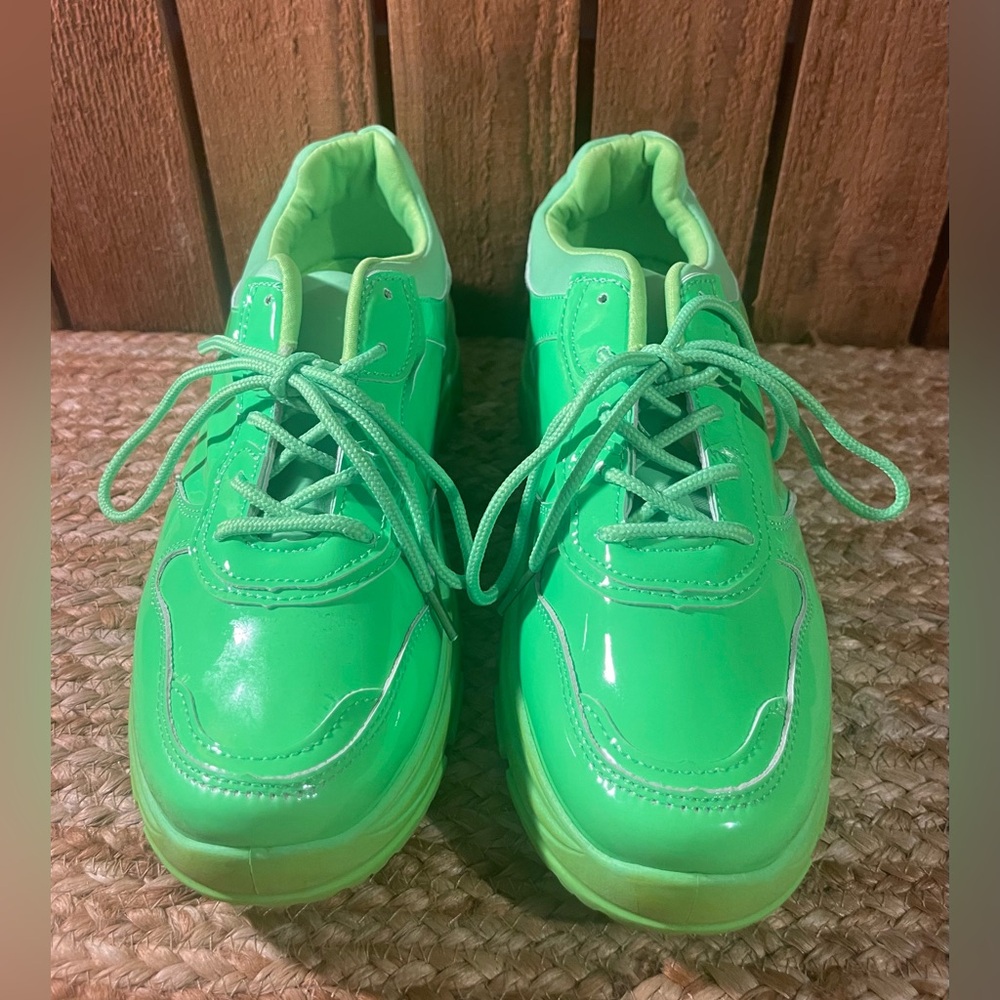 NEW Fun Shiny Platform Lime Green Sneakers Sz 8-1/2